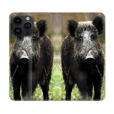 Housse Cuir Portefeuille Pour Iphone 15 Pro (6,1) Chasse Sanglier bois