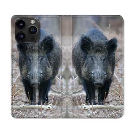 Housse Cuir Portefeuille Pour Iphone 15 Pro (6,1) Chasse Sanglier Pin