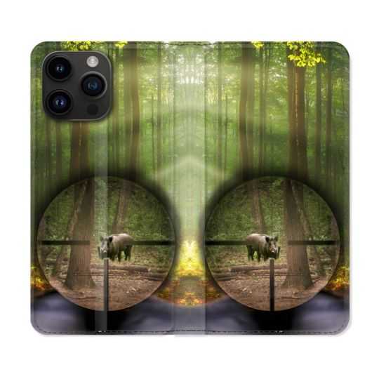 Housse Cuir Portefeuille Pour Iphone 15 Pro (6,1) Chasse Sanglier Viseur