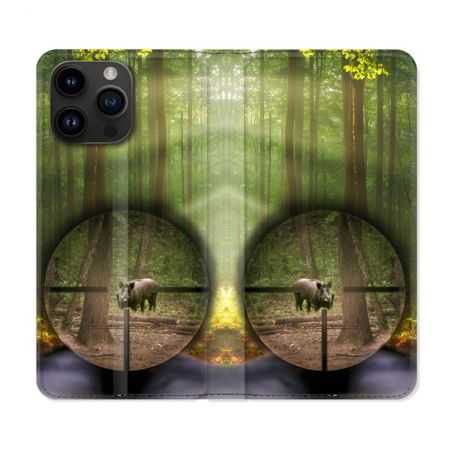 Housse Cuir Portefeuille Pour Iphone 15 Pro (6,1) Chasse Sanglier Viseur