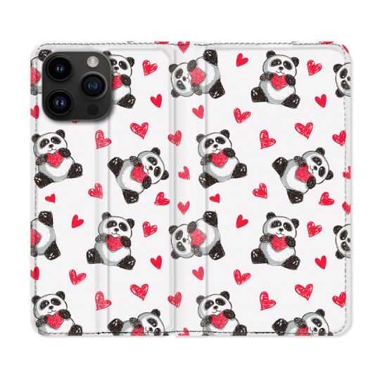 Housse Cuir Portefeuille Pour Iphone 15 Pro Plus (6,7) Animal Panda Cœur