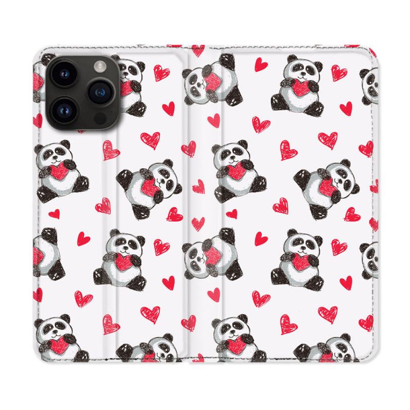 Housse Cuir Portefeuille Pour Iphone 15 Pro Plus (6,7) Animal Panda Cœur