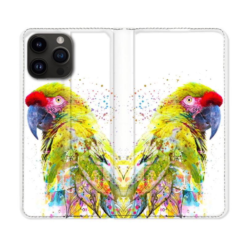 Housse Cuir Portefeuille Pour Iphone 15 Pro Plus (6,7) Animal Perroquet Jaune