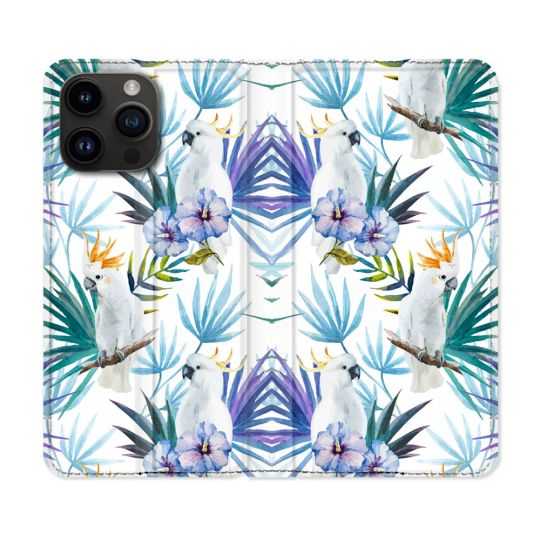 Housse Cuir Portefeuille Pour Iphone 15 Pro Plus (6,7) Animal Perroquet Peinture