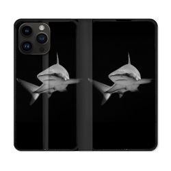 Housse Cuir Portefeuille Pour Iphone 15 Pro Plus (6,7) Animal Requin Sombre