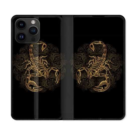 Housse Cuir Portefeuille Pour Iphone 15 Pro Plus (6,7) Animal Scorpion Fresque