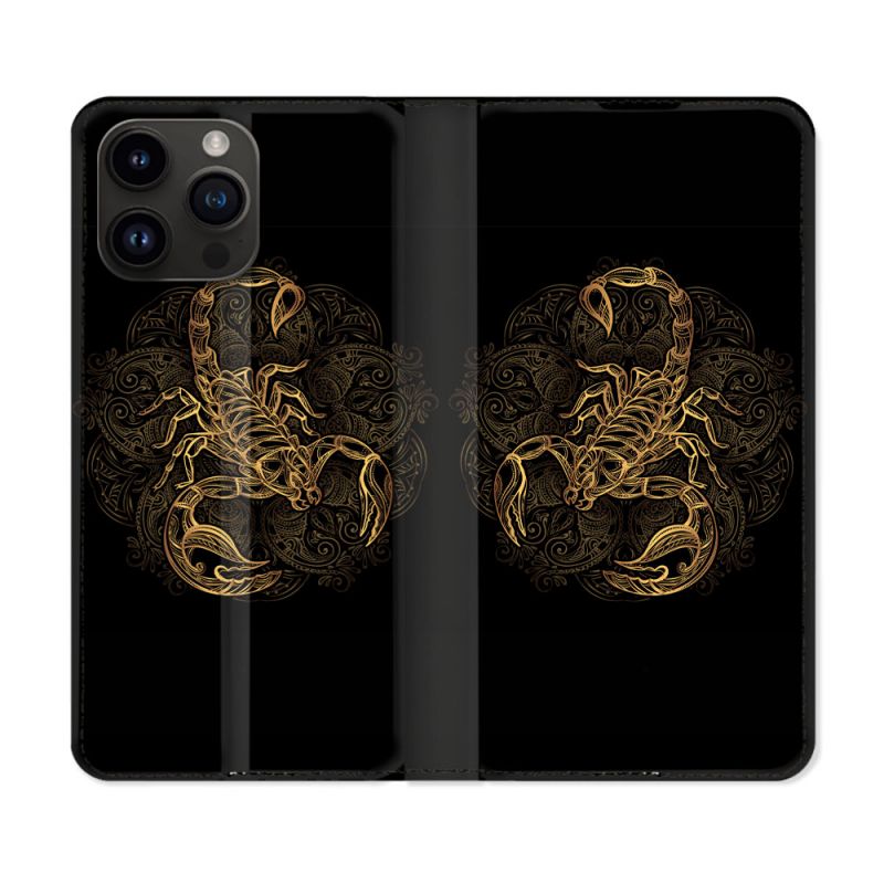 Housse Cuir Portefeuille Pour Iphone 15 Pro Plus (6,7) Animal Scorpion Fresque