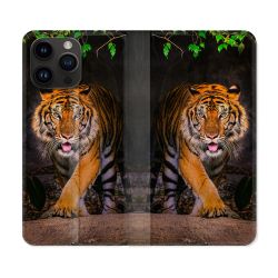 Housse Cuir Portefeuille Pour Iphone 15 Pro Plus (6,7) Animal Tigre Jungle