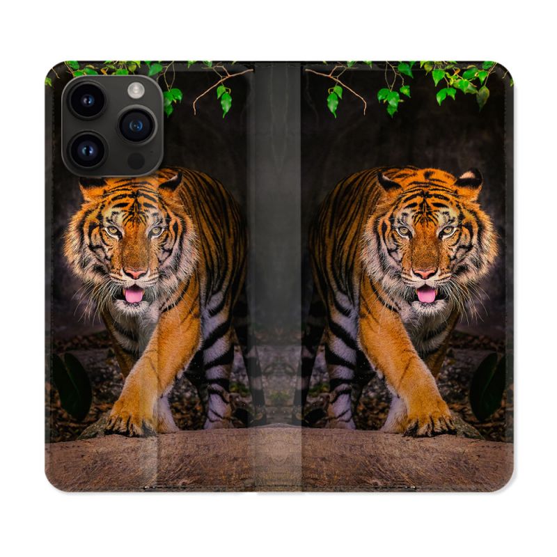 Housse Cuir Portefeuille Pour Iphone 15 Pro Plus (6,7) Animal Tigre Jungle