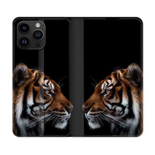 Housse Cuir Portefeuille Pour Iphone 15 Pro Plus (6,7) Animal Tigre Noir