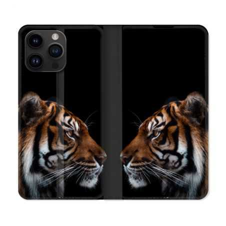 Housse Cuir Portefeuille Pour Iphone 15 Pro Plus (6,7) Animal Tigre Noir