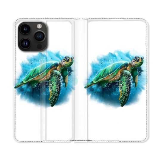 Housse Cuir Portefeuille Pour Iphone 15 Pro Plus (6,7) Animal Tortue Blanche multicolore