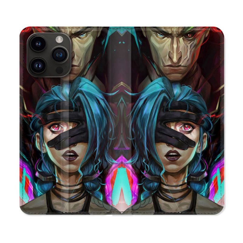 Housse Cuir Portefeuille Pour Iphone 15 Pro Plus (6,7) Arcane Jynx Bleu