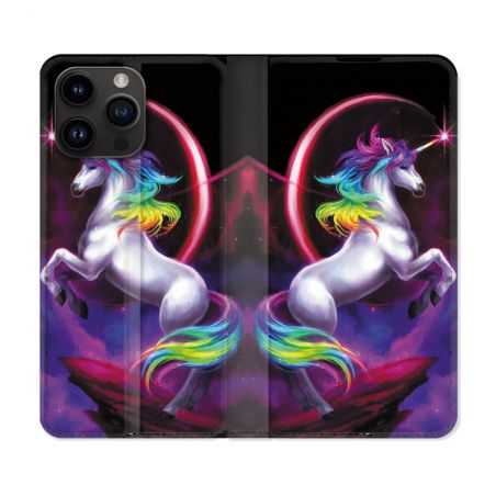 Housse Cuir Portefeuille Pour Iphone 15 Pro (6,1) Fantastique Licorne Arc en ciel