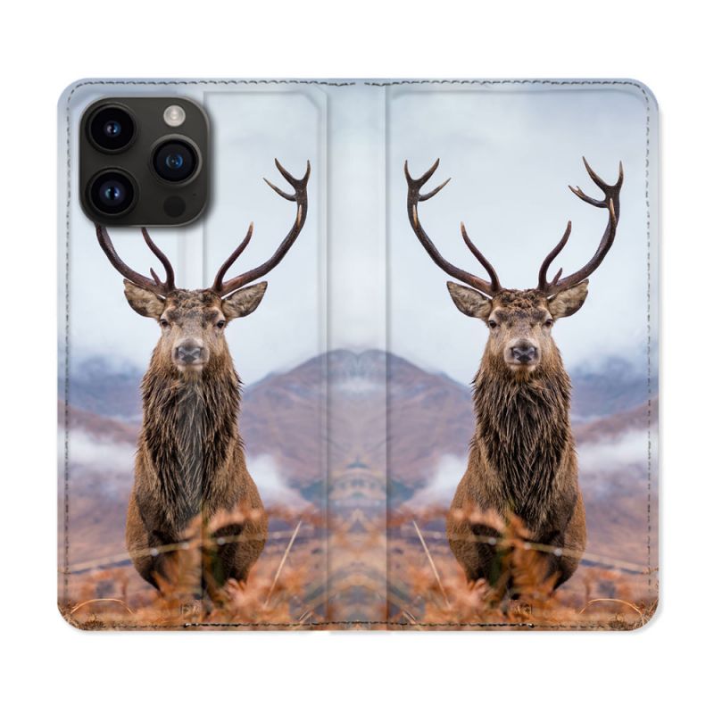 Housse Cuir Portefeuille Pour Iphone 15 Pro Plus (6,7) Chasse Chevreuil Montagne