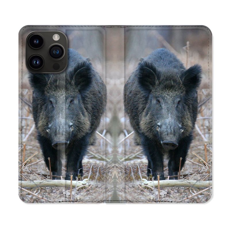 Housse Cuir Portefeuille Pour Iphone 15 Pro Plus (6,7) Chasse Sanglier Pin