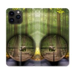 Housse Cuir Portefeuille Pour Iphone 15 Pro Plus (6,7) Chasse Sanglier Viseur