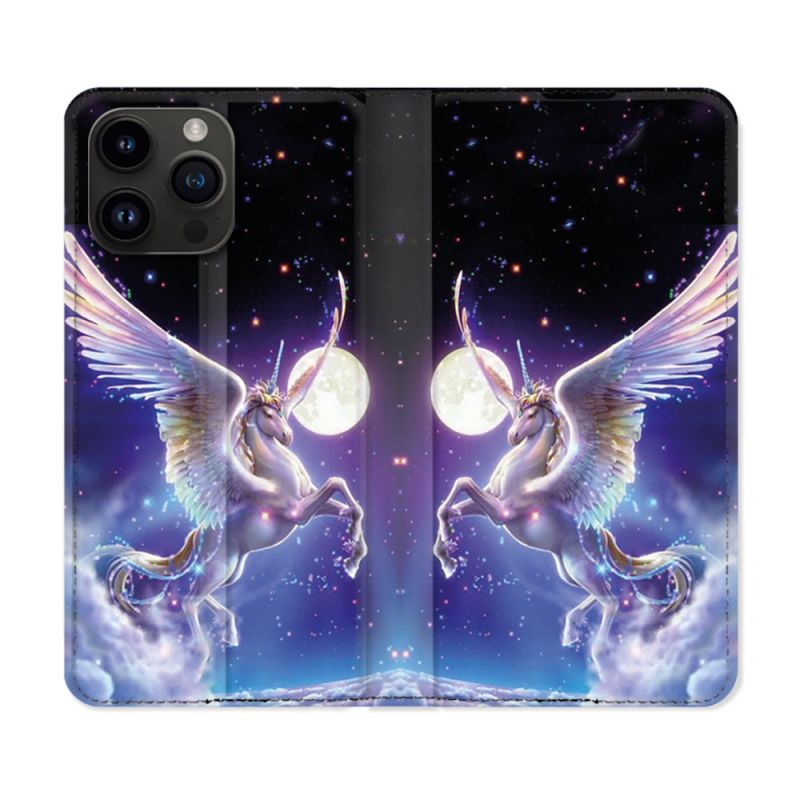 Housse Cuir Portefeuille Pour Iphone 15 Pro Plus (6,7) Fantastique Licorne Céleste