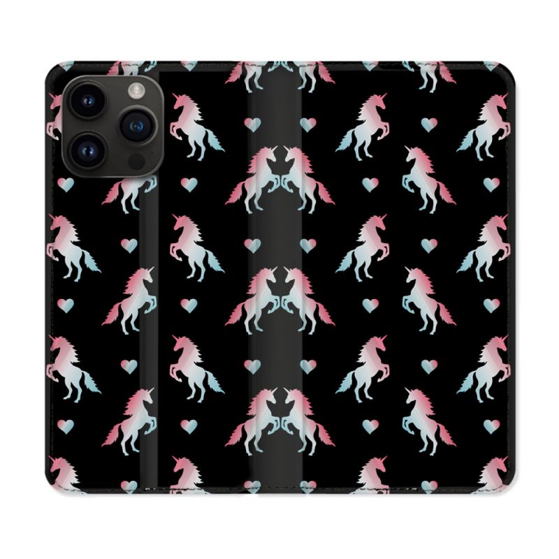Housse Cuir Portefeuille Pour Iphone 15 Pro Plus (6,7) Fantastique Licorne Pattern