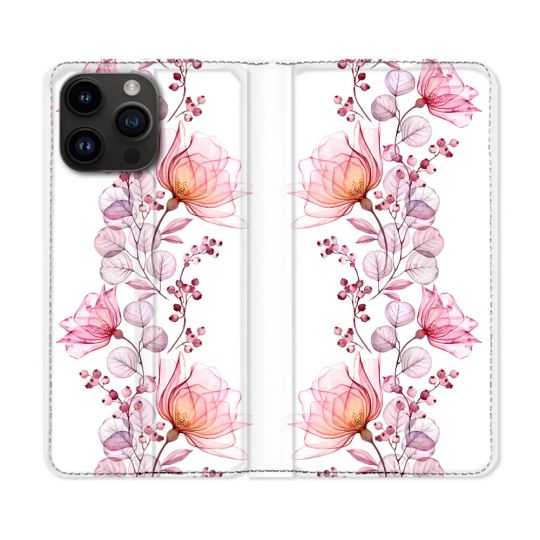 Housse Cuir Portefeuille Pour Iphone 15 Pro Plus (6,7) Fleur Eclosion