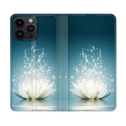 Housse Cuir Portefeuille Pour Iphone 15 Pro Plus (6,7) Fleur Lotus Blanc