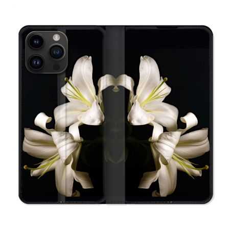 Housse Cuir Portefeuille Pour Iphone 15 Pro Plus (6,7) Fleur Lys Noir