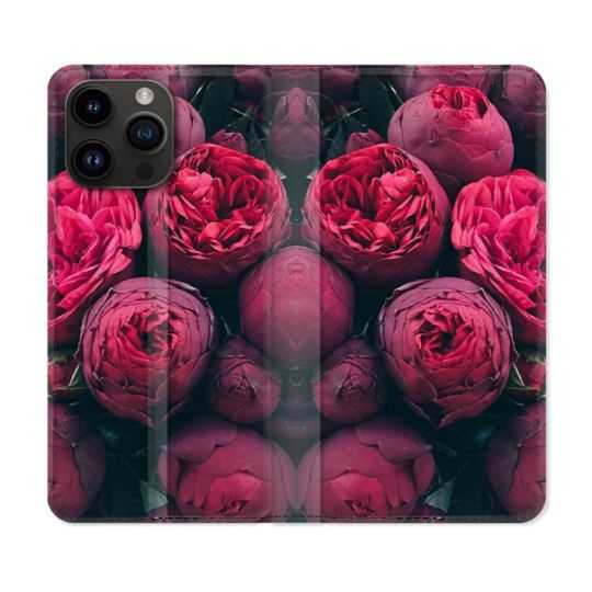 Housse Cuir Portefeuille Pour Iphone 15 Pro Plus (6,7) Fleur Pivoine