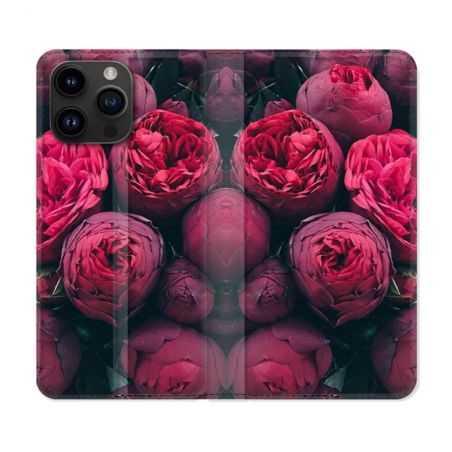 Housse Cuir Portefeuille Pour Iphone 15 Pro Plus (6,7) Fleur Pivoine