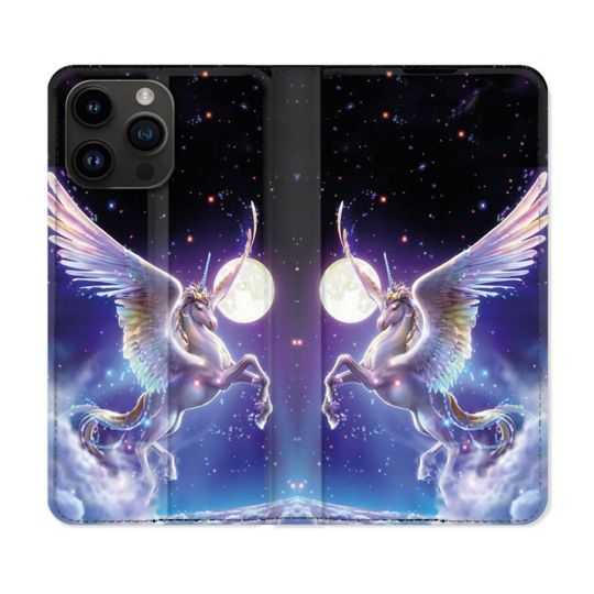 Housse Cuir Portefeuille Pour Iphone 15 Pro (6,1) Fantastique Licorne Céleste