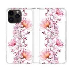 Housse Cuir Portefeuille Pour Iphone 15 Pro (6,1) Fleur Eclosion