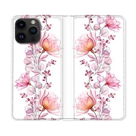 Housse Cuir Portefeuille Pour Iphone 15 Pro (6,1) Fleur Eclosion