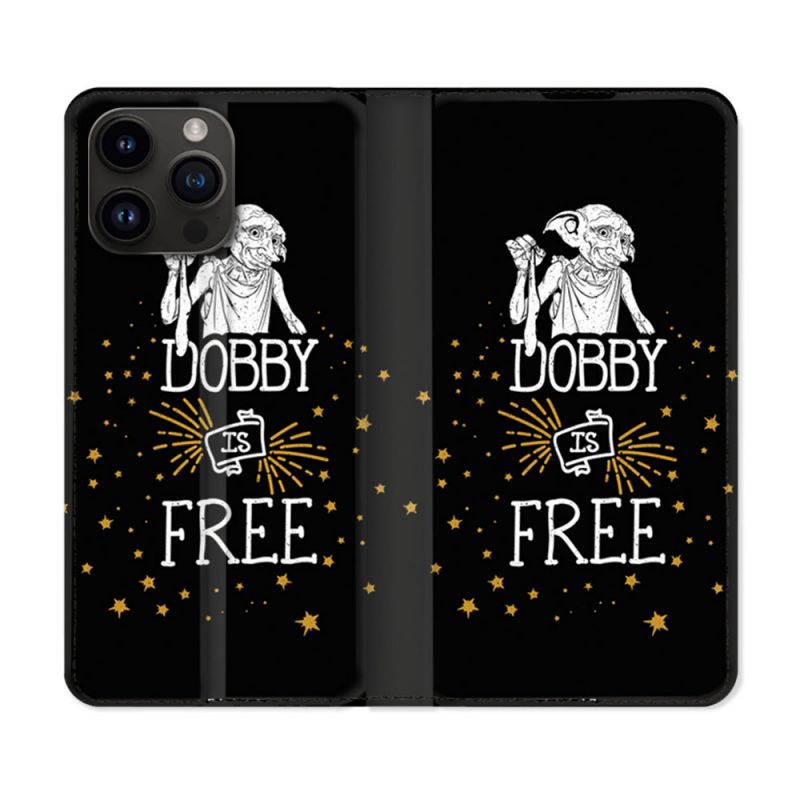 Housse Cuir Portefeuille Pour Iphone 15 Pro Plus (6,7) Harry Potter Dobby Free Noir