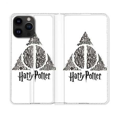 Housse Cuir Portefeuille Pour Iphone 15 Pro Plus (6,7) Harry Potter Hollows triangle Blanc