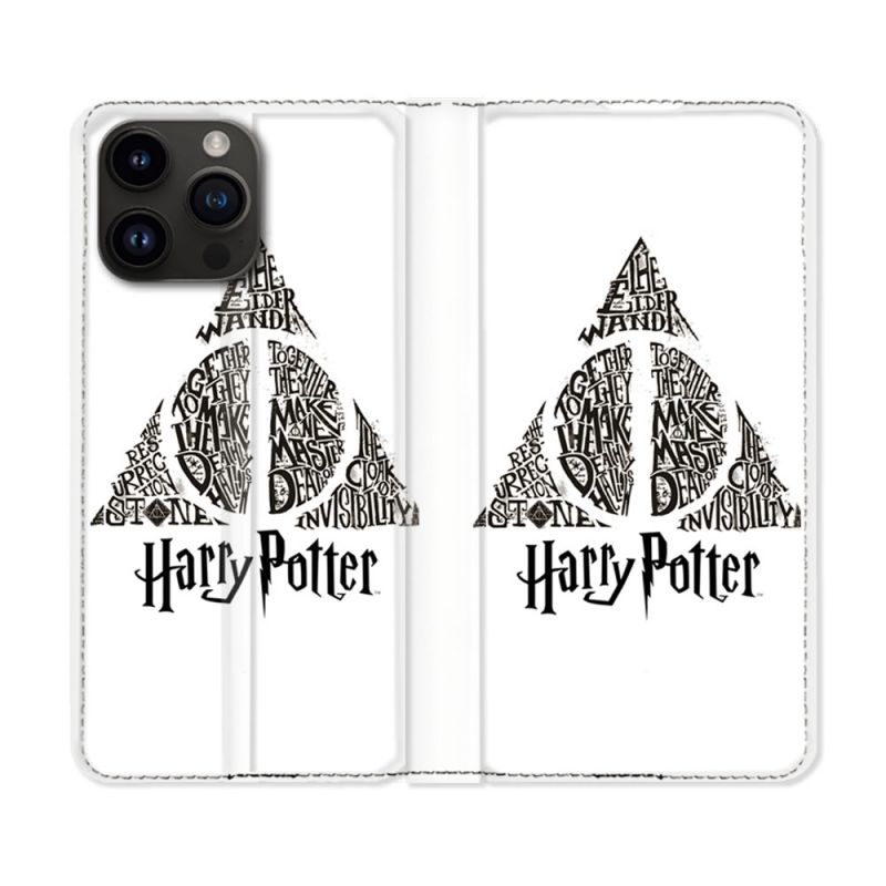 Housse Cuir Portefeuille Pour Iphone 15 Pro Plus (6,7) Harry Potter Hollows triangle Blanc