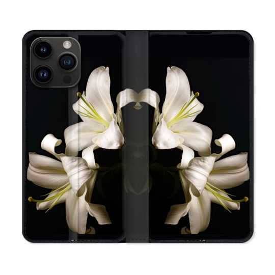 Housse Cuir Portefeuille Pour Iphone 15 Pro (6,1) Fleur Lys Noir