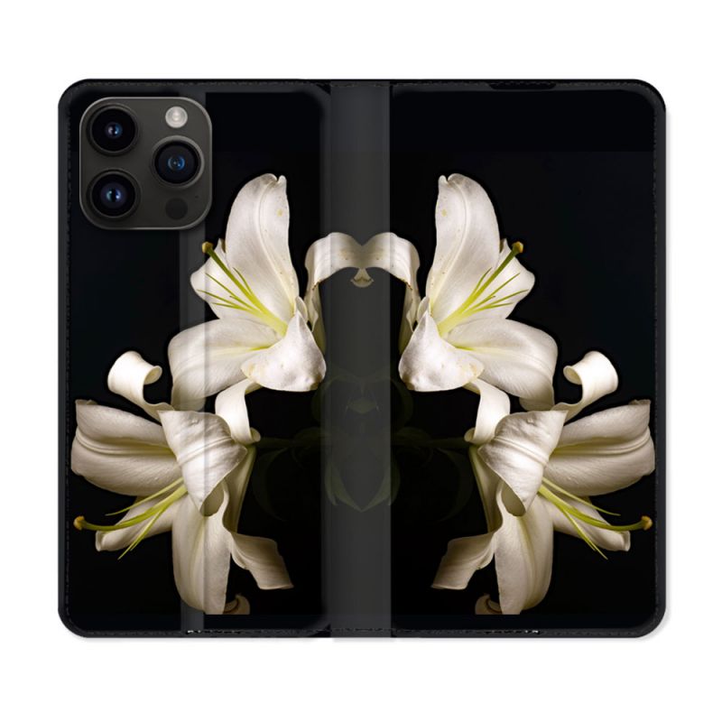 Housse Cuir Portefeuille Pour Iphone 15 Pro (6,1) Fleur Lys Noir