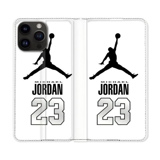 Housse Cuir Portefeuille Pour Iphone 15 Pro Plus (6,7) Jordan 23 Blanc