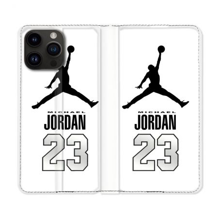 Housse Cuir Portefeuille Pour Iphone 15 Pro Plus (6,7) Jordan 23 Blanc