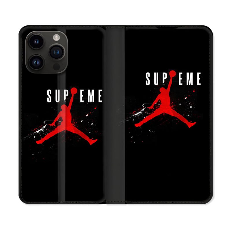 Housse Cuir Portefeuille Pour Iphone 15 Pro Plus (6,7) Jordan Supreme Noir