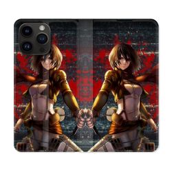 Housse Cuir Portefeuille Pour Iphone 15 Pro Plus (6,7) Manga Attaque Titans Mikasa