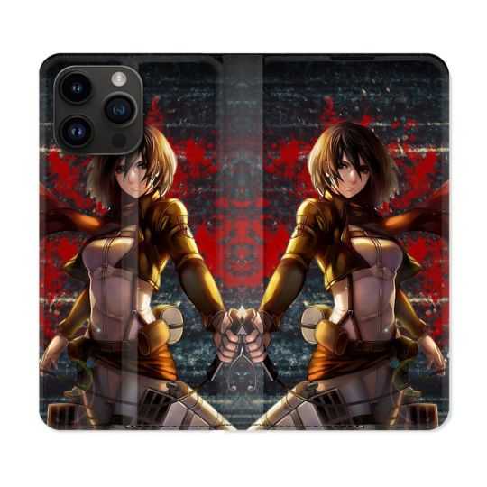 Housse Cuir Portefeuille Pour Iphone 15 Pro Plus (6,7) Manga Attaque Titans Mikasa