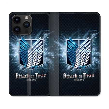 Housse Cuir Portefeuille Pour Iphone 15 Pro Plus (6,7) Manga Attaque Titans Noir