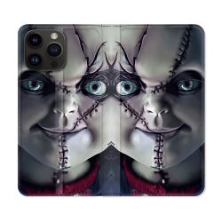 Housse Cuir Portefeuille Pour Iphone 15 Pro (6,1) Horreur Chucky Cicatrice