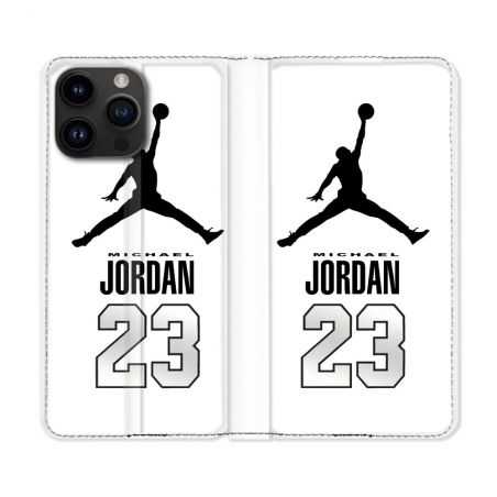 Housse Cuir Portefeuille Pour Iphone 15 Pro (6,1) Jordan 23 Blanc