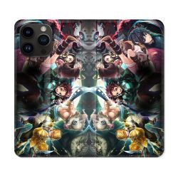 Housse Cuir Portefeuille Pour Iphone 15 Pro Plus (6,7) Manga Demon Slayer Groupe