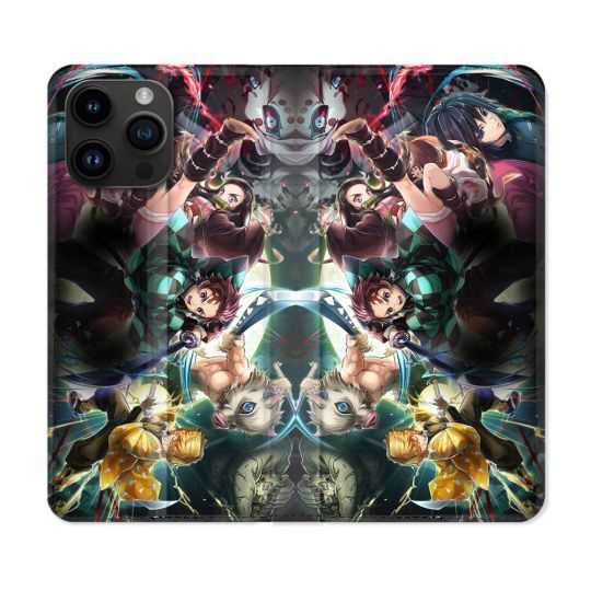 Housse Cuir Portefeuille Pour Iphone 15 Pro Plus (6,7) Manga Demon Slayer Groupe