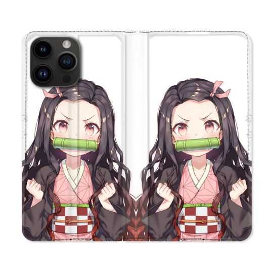 Housse Cuir Portefeuille Pour Iphone 15 Pro Plus (6,7) Manga Demon Slayer Nezuko