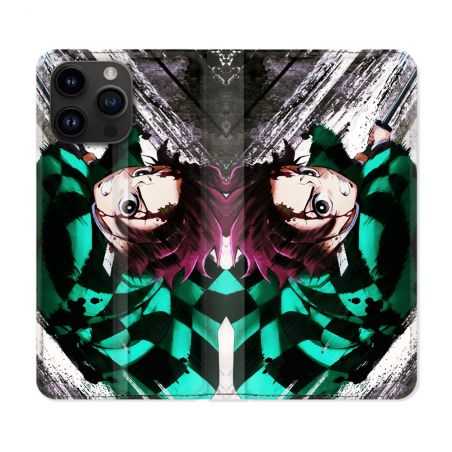 Housse Cuir Portefeuille Pour Iphone 15 Pro Plus (6,7) Manga Demon Slayer Tanjiro