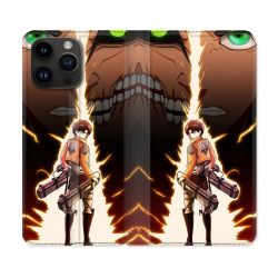 Housse Cuir Portefeuille Pour Iphone 15 Pro (6,1) Manga Attaque Titans Eren Eclair