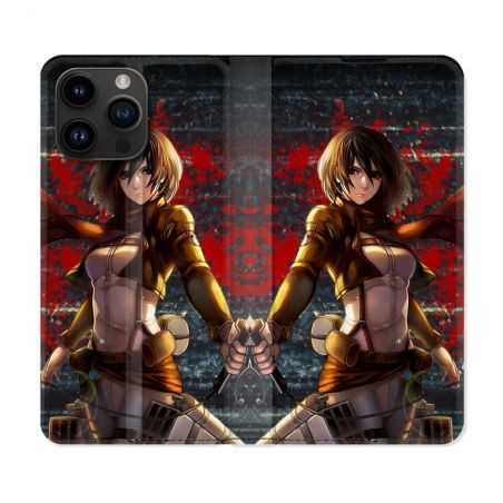 Housse Cuir Portefeuille Pour Iphone 15 Pro (6,1) Manga Attaque Titans Mikasa